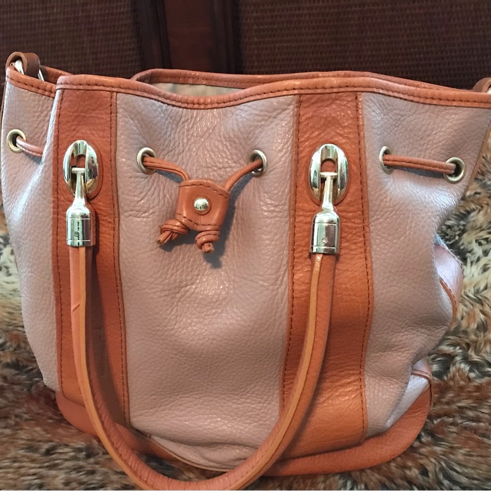 Valentina 2 Tone Pebbled Leather Bucket Bag w/ Drawstring and Shoulder Strap